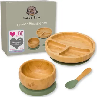 Bubba BearTM Baby Set mit Saugnapf-Schüssel, Standfeste Saug-Fütter-Teller und Löffel für Babys & Kleinkinder | kostenloses E-Book: der Bubba Bear Weaning | aus natürlichem bamboo Grün