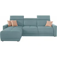 Ecksofa DOMO COLLECTION "Ava mit moderner Sitzheftung & toller Doppelnaht, komfortabel, L-Form", blau (aqua), B:262cm H:84cm T:167cm, Kunstleder SOFTLUX;Struktur fein (100% Polyester);Zierkissen: Microfaser PRIMABELLE (100% Polyester);Struktur (100% Polyester);Microfaser PRIMABELLE (100% Polyester), Sofas, Ecksofa, mit Recamiere, inkl. Federkern, wahlweise mit Kopfteilverstellungen
