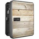 banjado Schlüsselkasten Stahl Graues Holz (Stahlgehäuse, Zahlenschloss, mit 36 Haken), 30 x 24 x 9,3 cm schwarz 24 cm x 30 cm x 9 cm