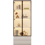 Vertikale Vitrine Mit Glastüren Aluminiumrahmen LED Beleuchtung 2 Schubladen Großer Stauraum MDF Modern Wohnzimmer Weiß 80x34x200cm