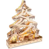 Brubaker 3D Lichterbogen LED Schwibbogen Tannenbaum Wald Weihnachtsbeleuchtung aus Holz Natur - 34 x 28 x 9 cm - Handbemalte Figuren - Weihnachtsdeko für Tisch & Fenster