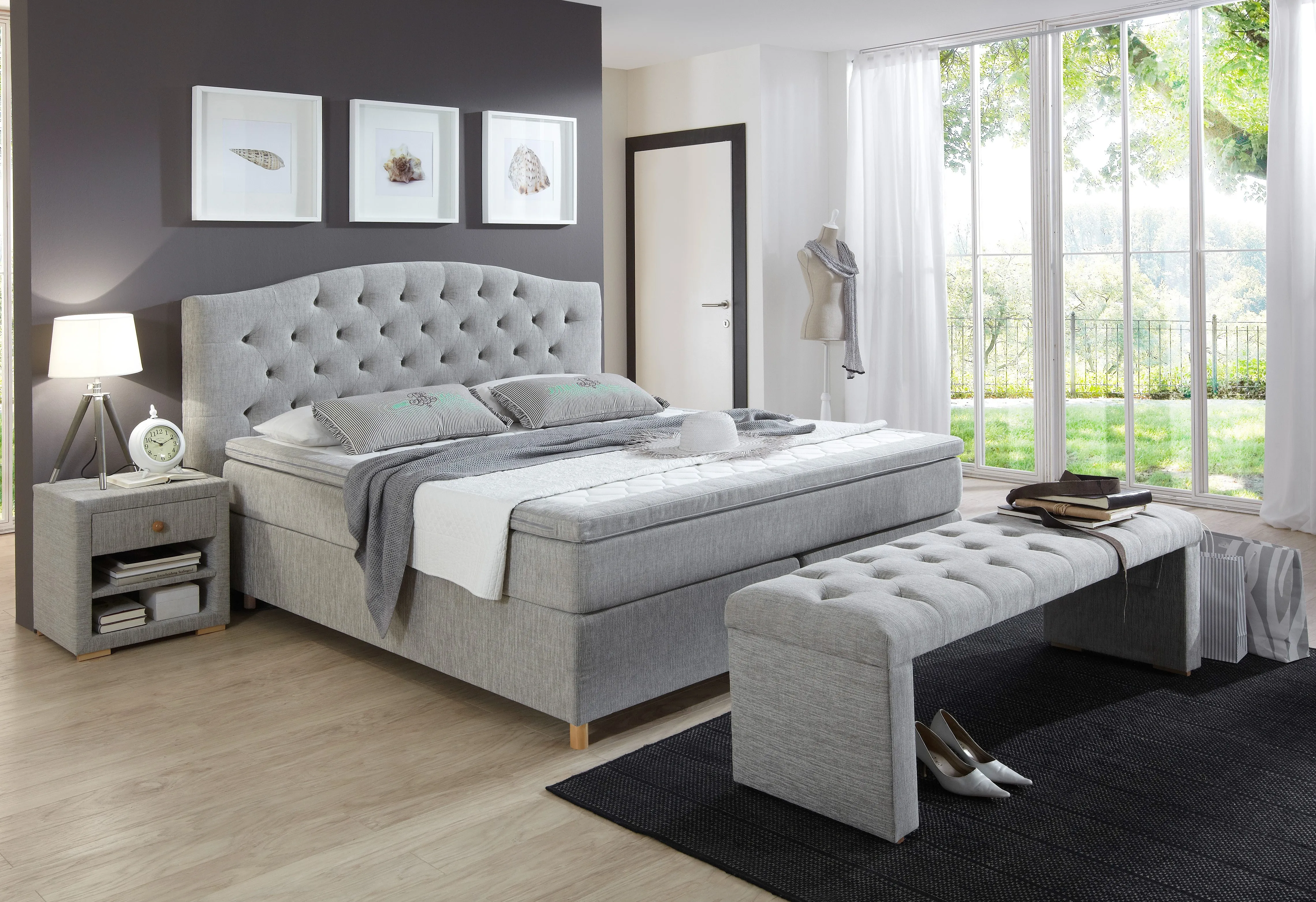 Boxspringbett HOME AFFAIRE "Claire" Komplettbetten Gr. Liegefläche B/L: 140 cm x 200 cm Betthöhe: 58 cm, Gewicht bis: 80 kg + 100 kg H2/H3 + H2/H3, Bonnell-Federkernmatratze, grau (hellgrau) Boxspringbett mit Vollmassiv-Unterbox, incl. Topper, verschiedene Härtegrade