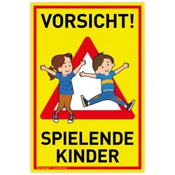 Schild Vorsicht! Spielende Kinder | PVC 20 x 30 cm | Achtung Spielplatz | Langsam! Spielende Kinder | gelb | PVC-Schild mit UV-Schutz | Dreifke®