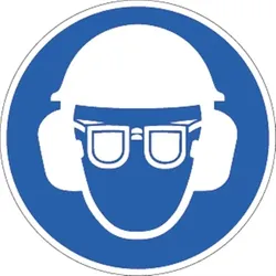 Schild Gehörschutz, Augenschutz und Kopfschutz benutzen, Alu, Ø 200 mm