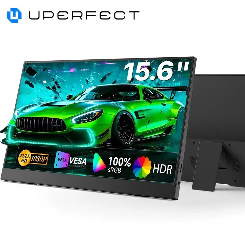 UPERFECT tragbarer Laptop-Monitor 15,6‐Zoll, 100% sRGB, mit integriertem verstellbarem Stand und integriertem Lautsprecher, VESA, HDTV, USB-C, Plug & Play, Zweitbildschirm für Smartphone und Spielekonsole