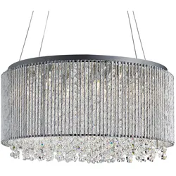 Beatric 8Flammiger Trommelpendelleuchte, Chrom, Klare Kristall Knopftropfen, Aluminium Außenrahmen