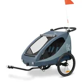 hauck Fahrradanhänger & Kinderwagen Dryk Duo Plus mit Federung, für 2 Kinder (6-48 Monate), inkl. Deichsel, Buggyrad, Fahne und LED Licht, Faltbar, Höhenverstellbar, XL Kofferaum (Dark Blue)