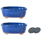 H&D Manufaktur Jinfa 2 glasierte Keramik Bonsai Töpfe mit Entwässerungslöchern – 2 Drainagegitter | Blau