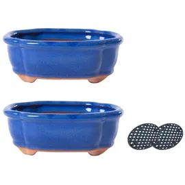 H&D Manufaktur Jinfa 2 glasierte Keramik Bonsai Töpfe mit Entwässerungslöchern – 2 Drainagegitter | Blau