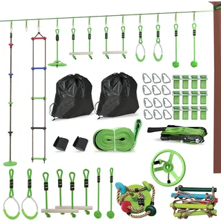 aiyaplay Ninja Warrior Hindernisparcours für Kinder 10m Ninja Slackline Kit mit Turnringe, Spinnerrad, Schaukel, Kletterstangen, Hängetablett, Kletterleiter Zubehör Trainingsausrüstungsset für Kinder Aosom