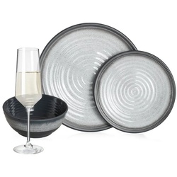 Moritz Geschirr-Set Camping Geschirr Stone Grey, Melamin, 12 – 28 tlg, Geschirrset Campinggeschirr Picknick Set 4 Personen grau|weiß