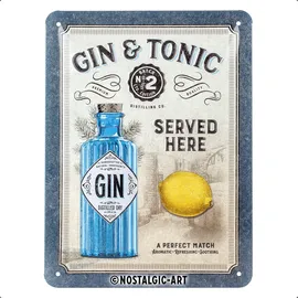 Nostalgic-Art Retro Blechschild, Gin & Tonic Served Here – Geschenk-Idee als Bar-Zubehör, aus Metall, Vintage-Design zur Dekoration, 15 x 20 cm,