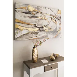 Ölbild "Gemälde Federn, weiß/goldfarben", gold (farbe bild(er): weiß, gold), B:80cm H:120cm T:3,8cm, MYFLAIR MÖBEL & ACCESSOIRES, Bilder, Bild auf Leinwand, 80x120 cm, Wohnzimmer