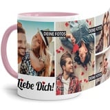 Tassendruck Fototasse mit Spruch - Ich Liebe Dich - zum Selbst gestalten personalisiert mit 4 Fotos, Innen & Henkel Rosa, 300 ml