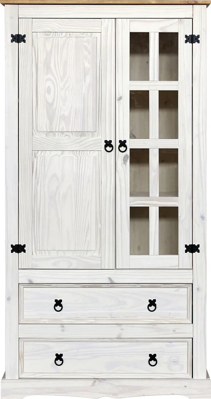 Vitrine MÖBILIA, weiß (weiß, honig), B:100cm H:190cm T:41cm, Massivholz, Schränke, Vitrine, Ziergriffe und Scharniere aus Metall