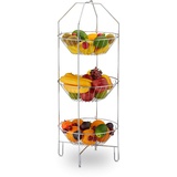 Relaxdays 10030054, silber Obst Etagere 3-stöckig, XXL Obstkorb, stehend, Küche, Aufbewahrung Gemüse, Metall, HBT 80 x 33 x 32 cm, Stahl