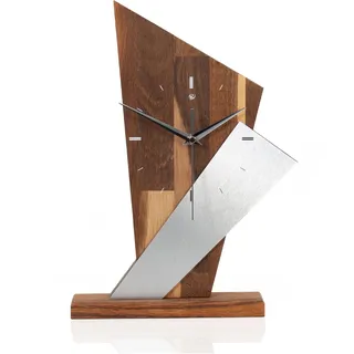 Kreative Feder Designer-Standuhr „Brown Square“ aus Massivholz – Tischuhr in modernem Metallic-Look ohne Ticken (leises Funkuhrwerk, Eiche geräuchert)