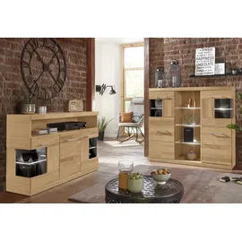 Home Affaire Highboard HOME AFFAIRE "Ribe,120cm breit,112cm hoch,Oberplatte massiv,12 Fächer", beige (eiche teilmassiv), B:125cm H:115cm T:35cm, Holz teilmassiv, Sideboards, Highboard, Holz massiv, Holzwerkstoff, Metall Griffe,2Türen mit Glaseinsatz