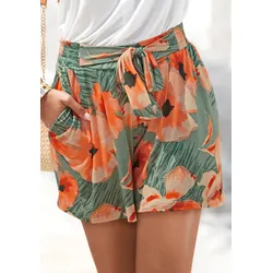 Shorts LASCANA, Damen, Gr. 44, N-Gr, bunt (grün, orange bedruckt), Jersey, Obermaterial: 100% Viskose, bedruckt, modisch, figurumspielend kurz, Hosen Shorts Strandshorts, aus Viskosejersey mit Alloverdruck und Taschen, kurze Hose, sommerlich