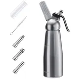 Navaris Sahnesyphon Sahnespender 500ml mit 3 Edelstahl Tüllen - 0,5L Sahnebereiter, Aluminium, (1-tlg) silberfarben 10,00 cm x 26,00 cm