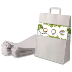 BIOZOYG 50 Stück Tragetasche XL 32 x 12 x 40cm Papiertüte reißfest weiß kompostierbar Einkaufstasche Papiertasche Einkaufstüte umweltfreundlich