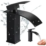 MOPUEA Waschtischarmatur Waschtischarmatur Wasserhahn Bad Wasserfall Mischbatterie (Einhebelarmatur für Warm- und Kaltwasser, leiser Wasserfall-Strahl, 1-St) Badarmatur aus 304 Edelstahl, modern matt schwarz