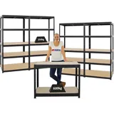Proregal Mega Deal 4x Schwerlastregal Slim Elephant M HxBxT 180 x 90 x 60 cm & 1x Höhenverstellbare Werkbank Slim Dino HxBxT 90 x 120 x 60 cm Schwarz