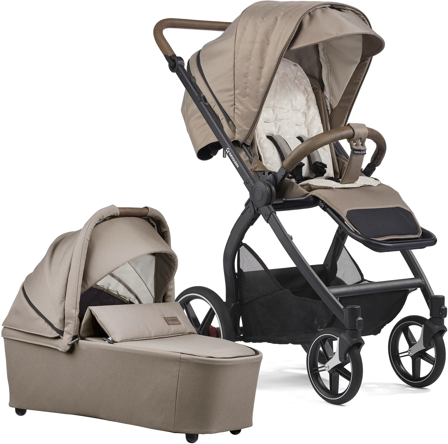 Kombi-Kinderwagen GESSLEIN "FX4 Soft+ mit Aufsatz Swing schwarz, sand" beige (sand) Baby Kinderwagen mit Babywanne C3 und Babyschalenadapter