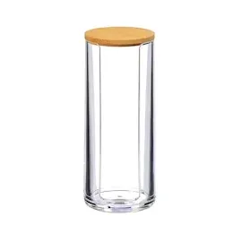 Relaxdays Wattepads Aufbewahrung 2er Set, Acryl, Bambus, Bad, Wattepadspender mit Deckel, HxD: 17,5x7,5cm, klar/Natur, 10026559_873