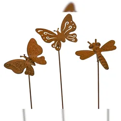 Decoris 1 Blumenstecker 13x50cm Insekten Gartenstecker Gartendeko Rostoptik Außendeko Pflanzenstecker Rostdeko Schmetterling Libelle Garten Gartenschmuck Rost