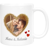 Personalisierte Fototasse mit romantischem Motiv und doppelseitigem Druck | Goldherz | 330ml spülmaschinenfestes Keramik | Kaffeetasse mit Foto | Geschenkidee Valentinstag