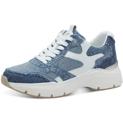 Keilsneaker TAMARIS, Damen, Gr. 36, blau (jeansblau, weiß), Textil, Lederimitat, kontrastfarbene Details, sportlich, Schuhe, Plateaus, Freizeitschuh, Schnürschuh mit kontrastfarbenen Details