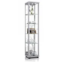 K-Möbel Glasvitrine Silber Glas, 4 höhenverstellbaren Glasböden, Spiegel LED - Standvitrine - Vitrinenschrank Silber