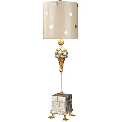Tischlampe Pompadour X 1-flammig, Creme und Blattsilber, mit bemaltem cremefarbenen Schirm mit Blattsilberkreuzen