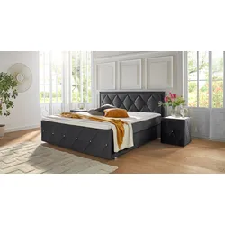 Boxbett LEONIQUE "Alfie, Topseller Inkl. Bettkasten&Topper", schwarz, L:211cm, Holzwerkstoff, Spanplatte, Komplettbetten, Wahlweise mit Knopfsteppung oder Strasssteinen, H2, H3 und H4 wählbar