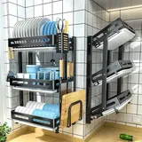 Abtropfgestell Geschirr, 304 Edelstahl Geschirrabtropfgestell Wandmontage / Arbeitsplatte Geschirrtrockner Klappbar Geschirrkorb mit Abtropfgitter, Besteckhalter, Schneidebrett-Rack, Haken, Schwarz