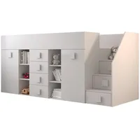 QMM TraumMöbel Hochbett TELLY 3 mit Treppe rechts (Bett, Schrank, Schreibtisch, Schubladen, Regale, Treppe) ausziehbarer Schreibtisch weiß