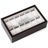 CASE ELEGANCE Uhrenbox aus Massiv Holz - Farbe Espresso - mit Glas-Vitrine für 12 Uhren - Monogrammiert
