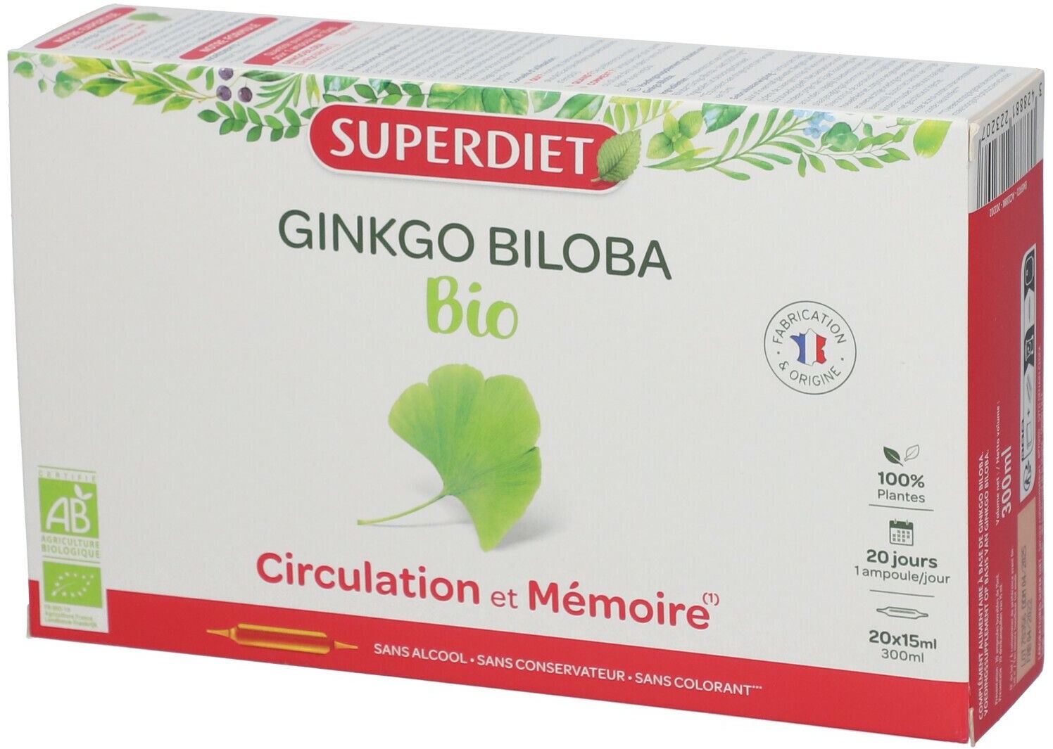 SUPERDIET Ginkgo Biloba, Ampoule, Circulation et Mémoire 20 pc(s) ampoule(s) buvable(s)
