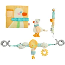 HABA 2012333001 - Baby-Spiel-Set 4-in-1 (Kinderwagenkette/Schnullerkette/Greifling/Stoffbuch), Baby-Geschenkset