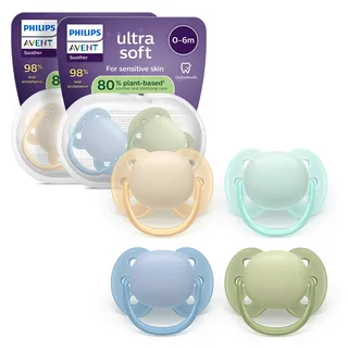 Philips Avent ultra soft Schnuller – kiefergerecht geformtes Design, für Babys von 0–6 Monaten, flexibles Saugerschild, symmetrischer Silikonsauger, BPA-frei, 4er-Pack, SCF091/50