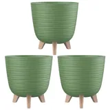 Engelland - 3 x Blumentopf mit Füßen & Bewässerungssystem, Moos-Grün, Ø 20 cm, Pflanzkübel, Übertopf, Wellenmuster, Innen- & Außenbereich, Drainagesystem & Wasserspeicher, rund, Kunststoff