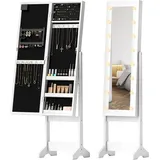 Freistehender Schmuckschrank Mit Ganzkörperspiegel In Warmweiß, Für Das Schlafzimmer, Bietet Kompletten Stauraum Für Schmuck, Halsketten Und Ohrringe.