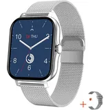 TPFNet Smart Watch / Fitness Tracker IP67 - Milanaise Armband + Silikon Armband - Android & IOS - Silber