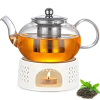 Umllpet Teekanne mit Stövchen Set, Glas Teekanne mit Infuser Teekanne, 1000ml Glasteekanne mit Edelstahl Sieb und Glasdeckel, Teewärmer Teekanne für schwarzen Tee grüner Tee Fruchttee duftender Tee