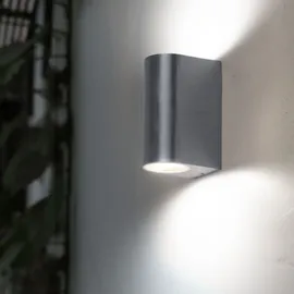 Harms Import UP and Down Aussen GU10 Aussenleuchte Haustür Fassadenleuchte silber Wandleuchte Außen Terrasse, auf- und abwärts leuchtend, Aluminium Druckguss, 2x GU10, BxH 7x15,1 cm