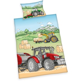 Herding Traktor Bettwäsche-Set, MADE IN GREEN by OEKO TEX, Kopfkissenbezug ca. 40 x 60 cm, Bettbezug ca. 100 x 135 cm, mit leichtläufigem Markenreißverschluss, 100% Baumwolle/Renforcé