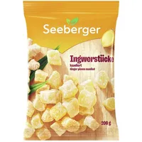 Seeberger Ingwerstücke kandiert: Scharfherbe Würfel der goldgelben Ingwerwurzel süß kandiert - zum Snacken, Dekorieren oder als Backzutat - vegan (1 x 200 g)