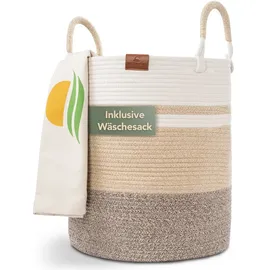 wiesen.design Korb EMILIA Ø41xH46 cm Hellbraun/Weiß/61L, Wäschekorb geflochten aus Baumwolle, Wäschesammler, Aufbewahrungskorb groß, Korb geflochten, faltbarer Wäschekorb, Wäschetonne, laundry basket