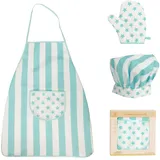 WOODENFUN Kinder Schürze Kochmütze Set Chef-Set für Kinder Kinderschürze Kochschürze mit Taschen, Backkochhut Gummiband, Sternenmuster Kochhandschuhe, Kinderrollenspiel - Einheitsgröße